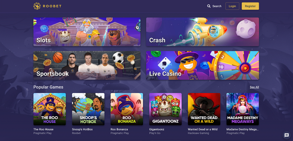 Interface Roobet Casino — jeux populaires et navigation principale